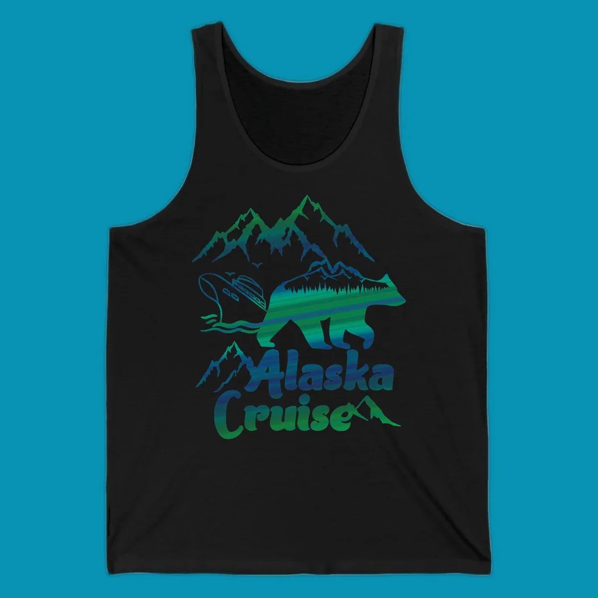 Bear silhouette filled with layered Alaska landscape imagery including mountains, cruise ship, forest, and ocean waves with 'Alaska Cruise' text below