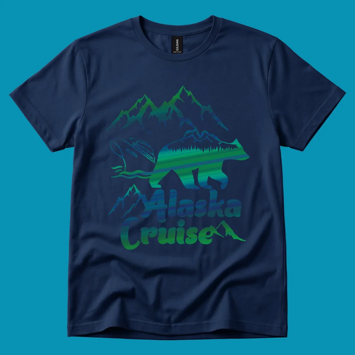 Bear silhouette filled with layered Alaska landscape imagery including mountains, cruise ship, forest, and ocean waves with 'Alaska Cruise' text below