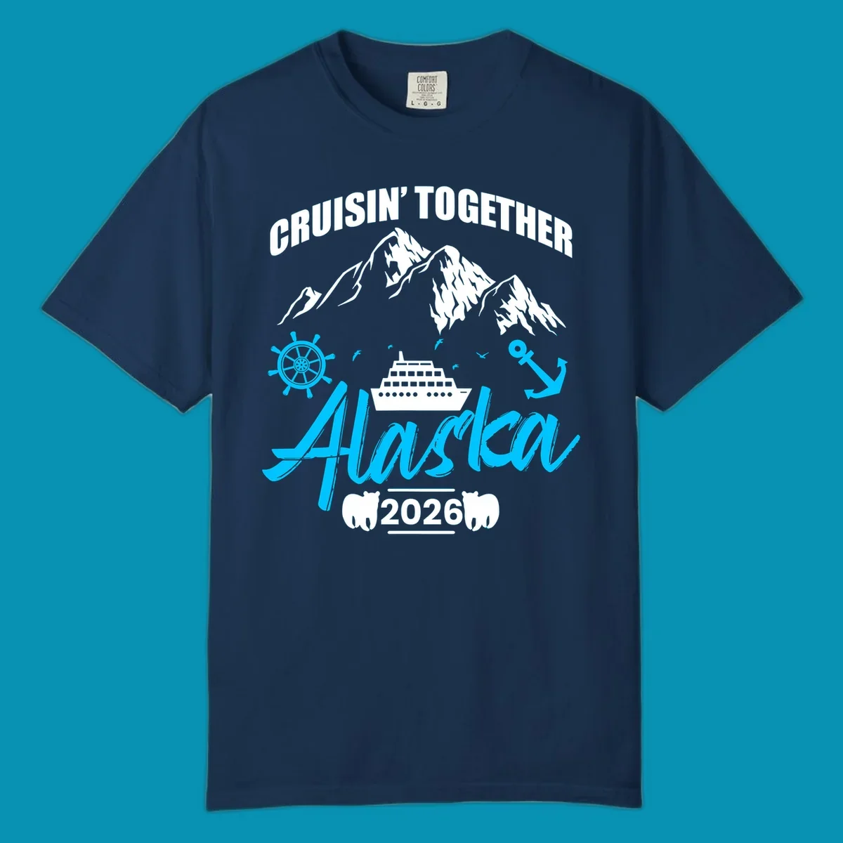 Bright cyan nautical design with 'All Aboard' script, ship's wheel, anchor, and seagulls for cruise apparel.