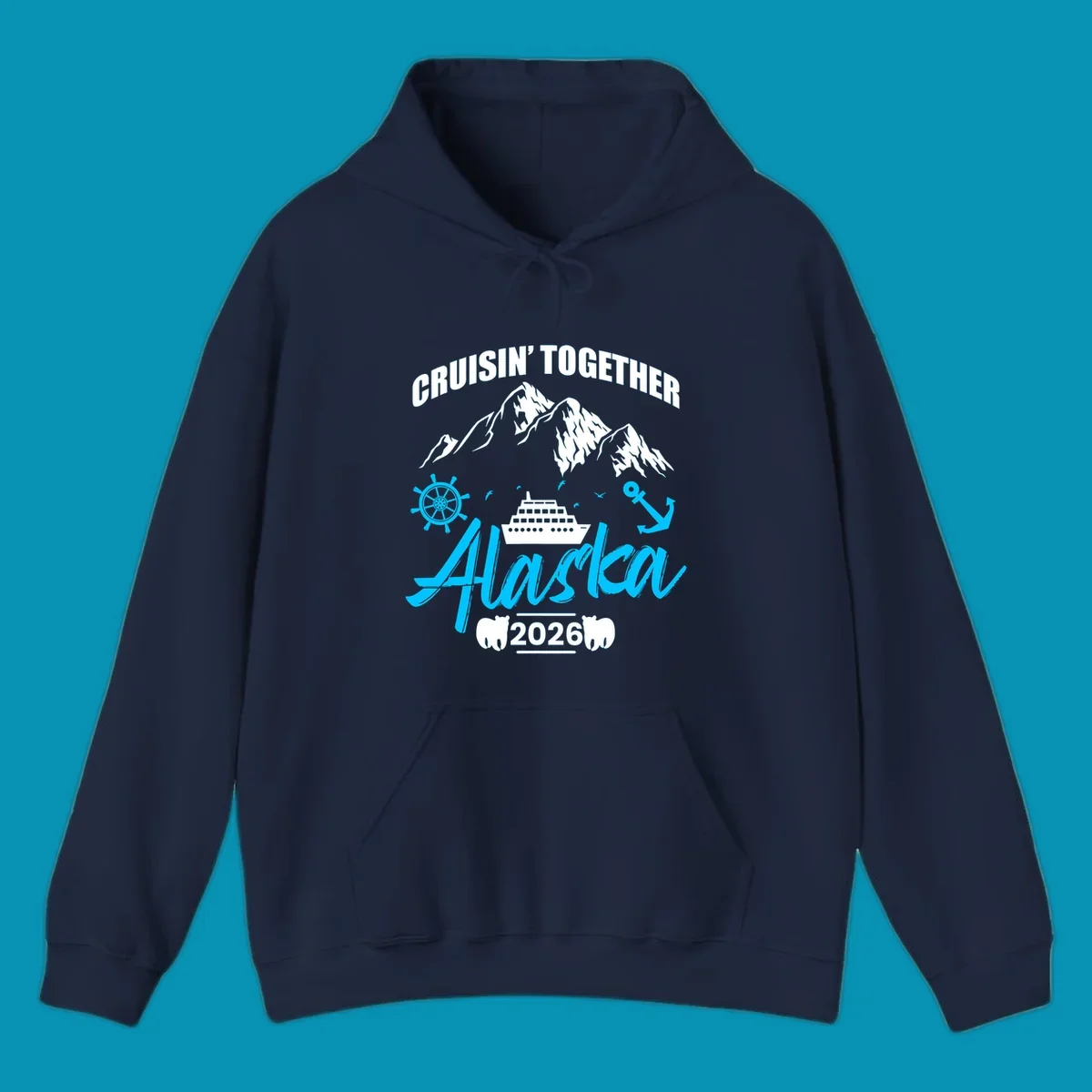 Bright cyan nautical design with 'All Aboard' script, ship's wheel, anchor, and seagulls for cruise apparel.