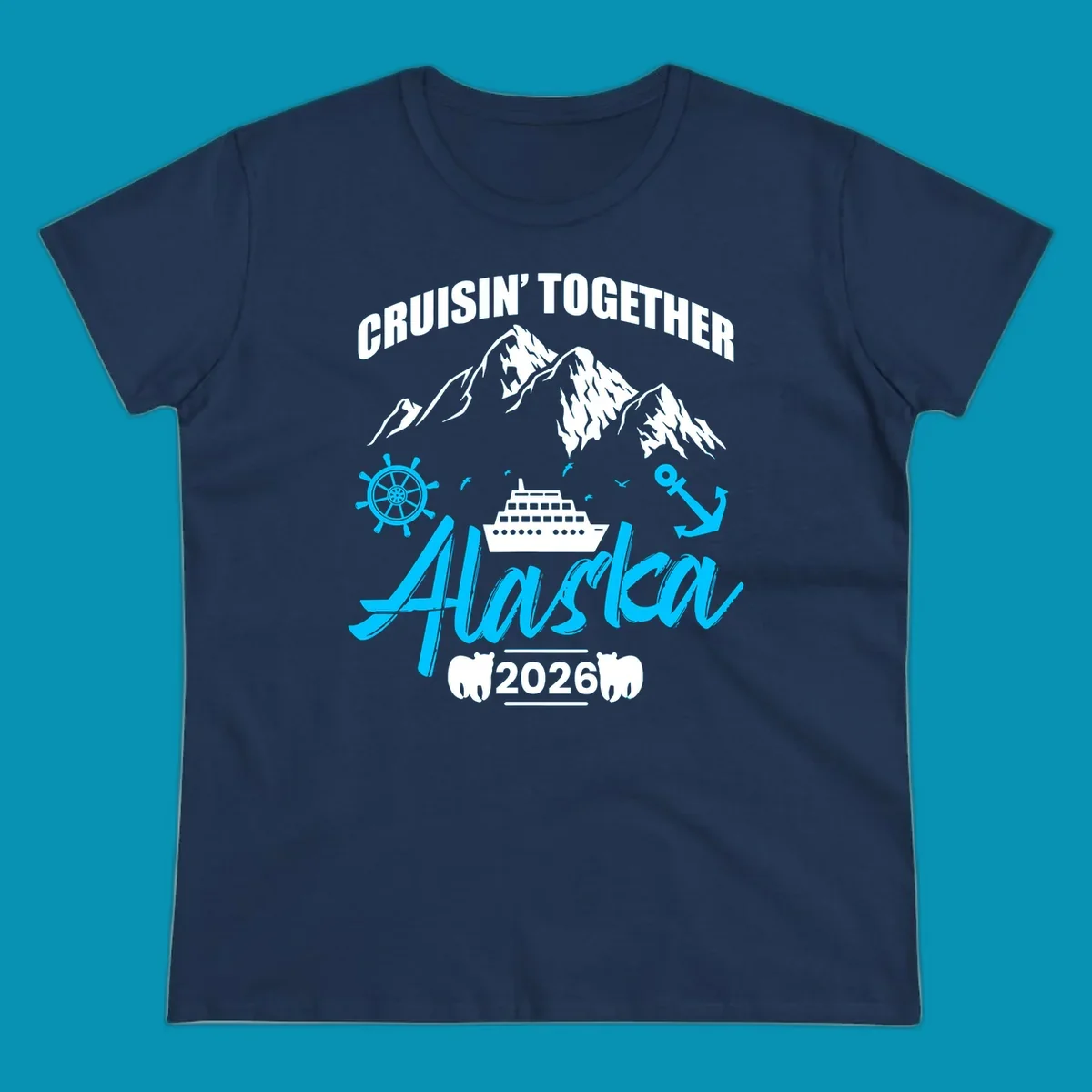 Bright cyan nautical design with 'All Aboard' script, ship's wheel, anchor, and seagulls for cruise apparel.