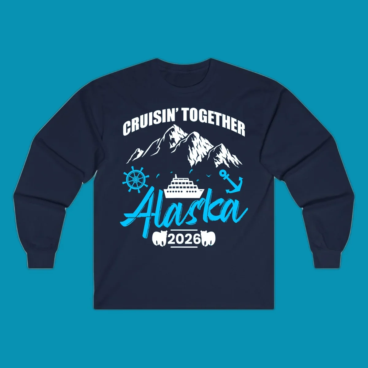 Bright cyan nautical design with 'All Aboard' script, ship's wheel, anchor, and seagulls for cruise apparel.
