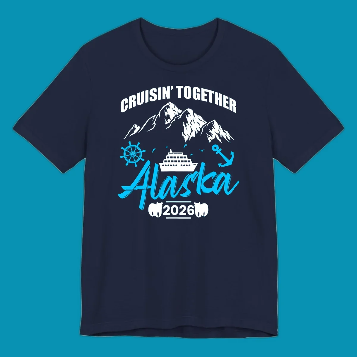 Bright cyan nautical design with 'All Aboard' script, ship's wheel, anchor, and seagulls for cruise apparel.