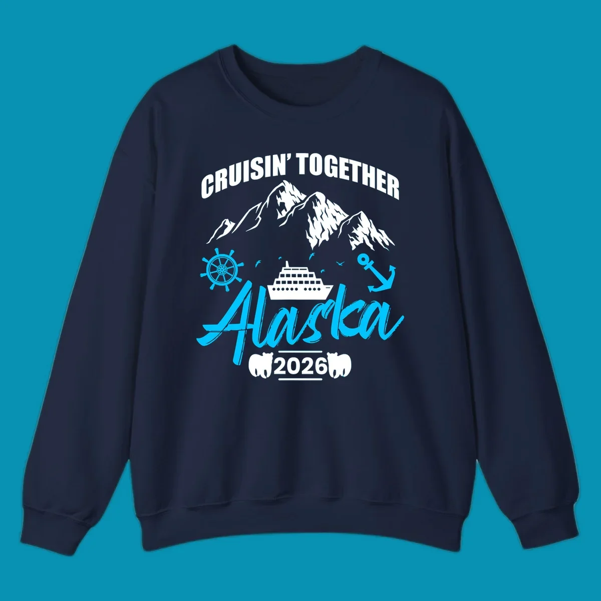 Bright cyan nautical design with 'All Aboard' script, ship's wheel, anchor, and seagulls for cruise apparel.