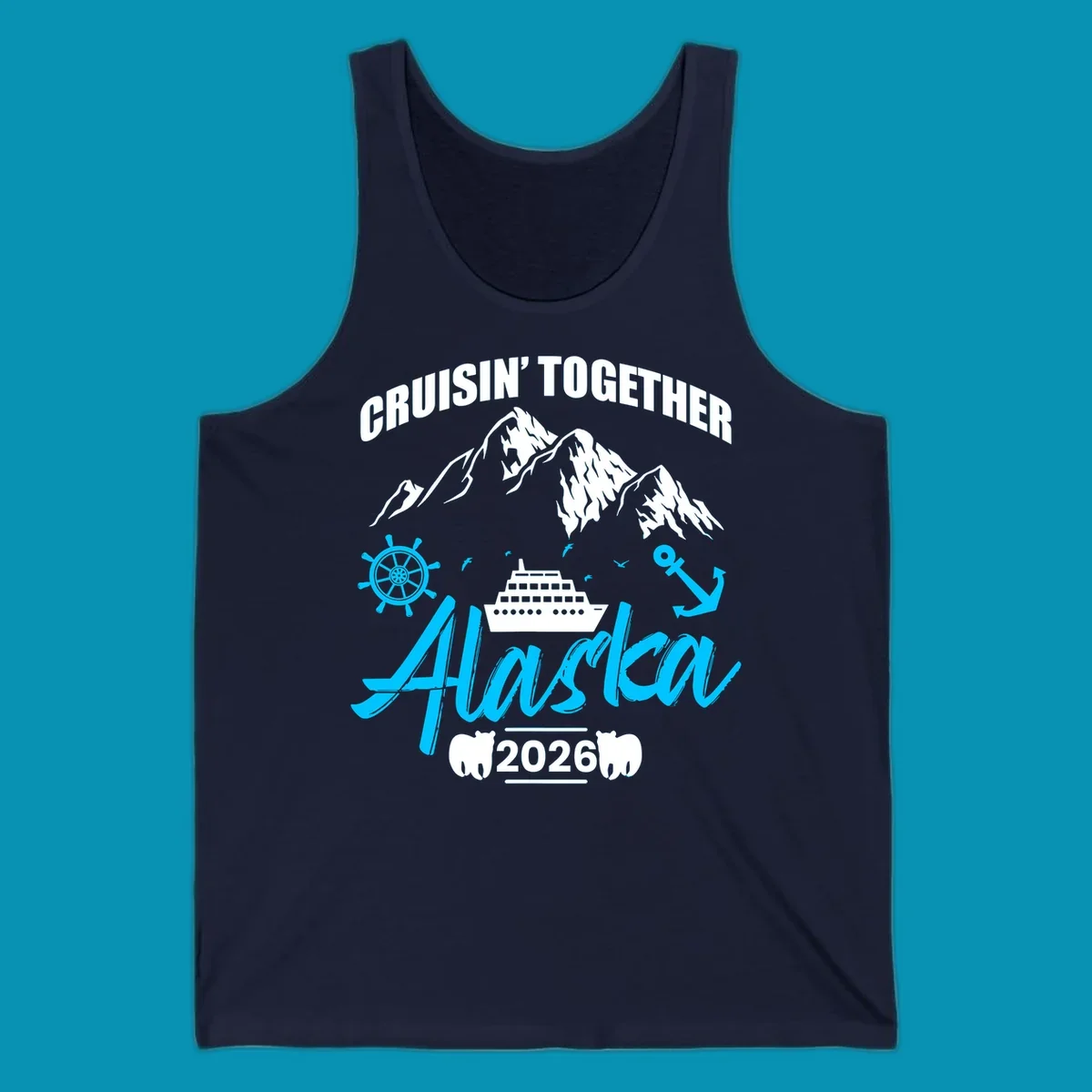 Bright cyan nautical design with 'All Aboard' script, ship's wheel, anchor, and seagulls for cruise apparel.