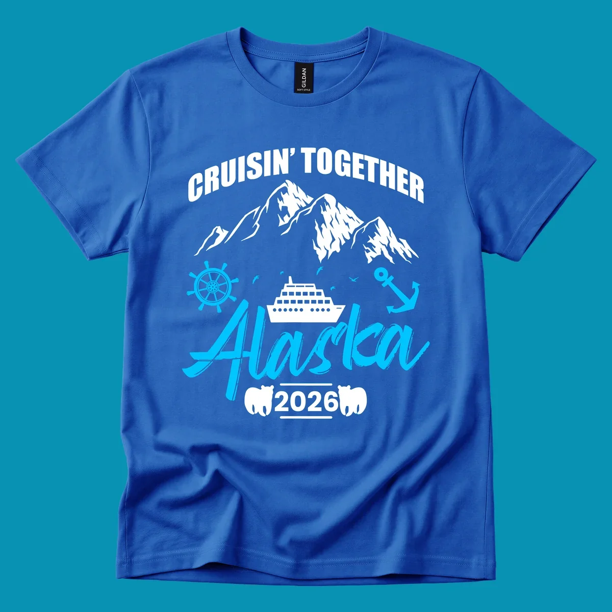 Bright cyan nautical design with 'All Aboard' script, ship's wheel, anchor, and seagulls for cruise apparel.