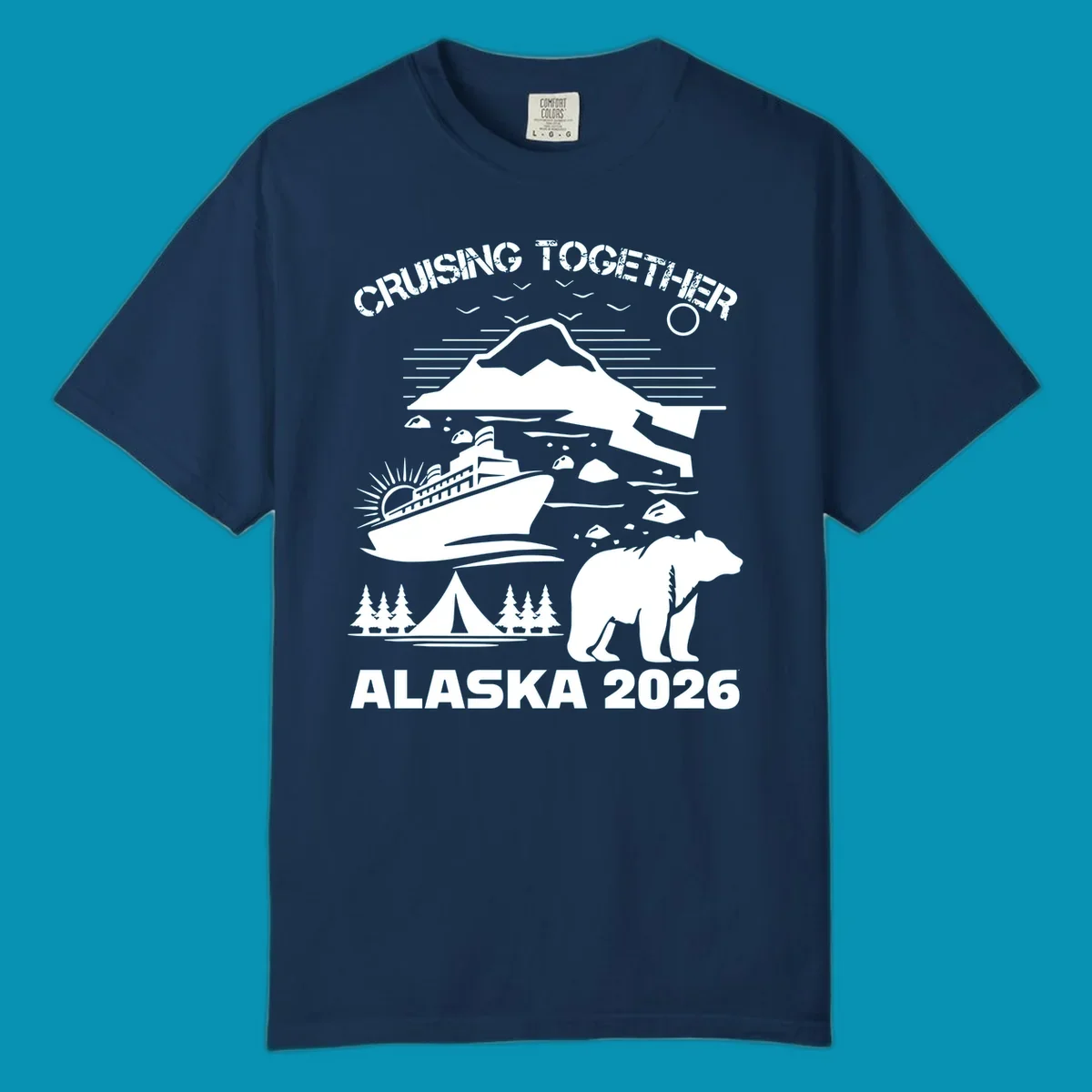 Monochrome illustration of Alaska cruise scene with ship, polar bear, glaciers, icebergs, and camping elements, text reads Cruising Together Alaska 2026