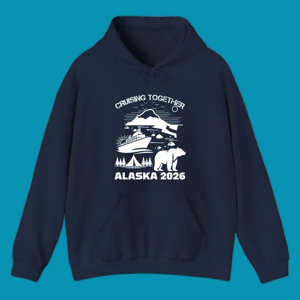 Monochrome illustration of Alaska cruise scene with ship, polar bear, glaciers, icebergs, and camping elements, text reads Cruising Together Alaska 2026
