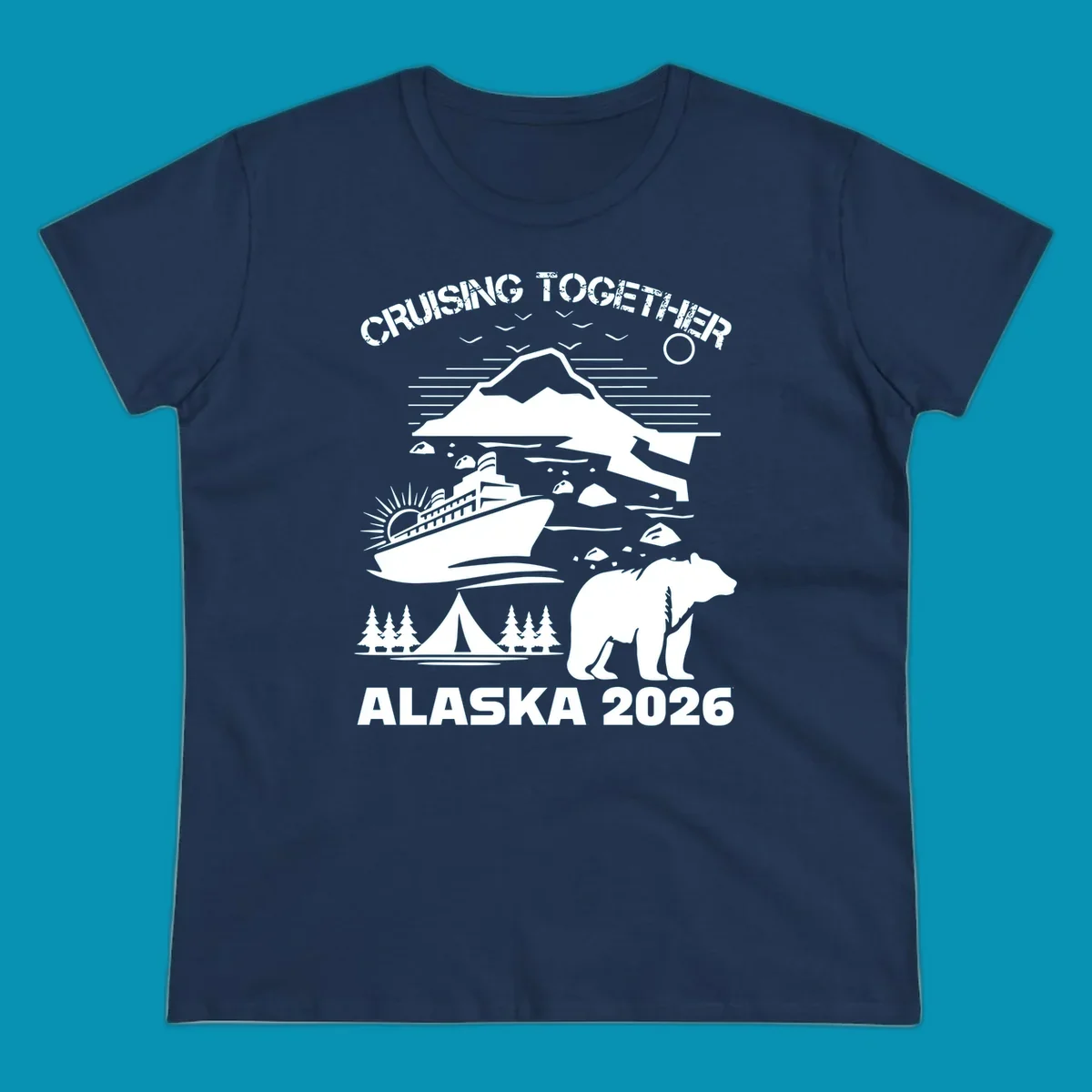 Monochrome illustration of Alaska cruise scene with ship, polar bear, glaciers, icebergs, and camping elements, text reads Cruising Together Alaska 2026