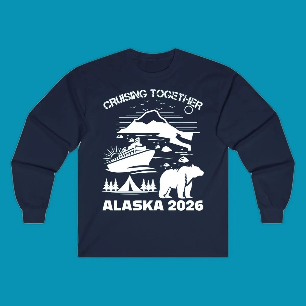 Monochrome illustration of Alaska cruise scene with ship, polar bear, glaciers, icebergs, and camping elements, text reads Cruising Together Alaska 2026