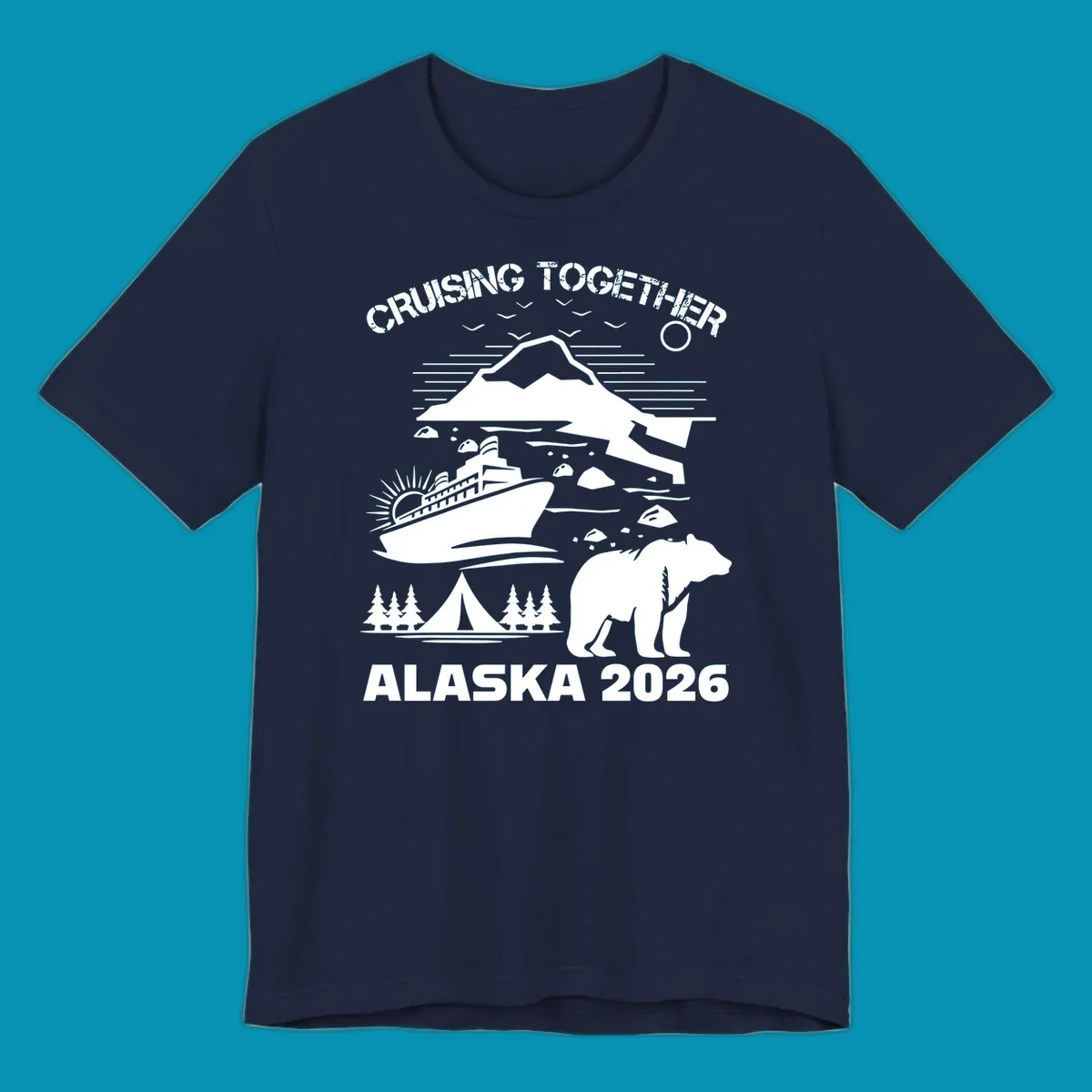 Monochrome illustration of Alaska cruise scene with ship, polar bear, glaciers, icebergs, and camping elements, text reads Cruising Together Alaska 2026