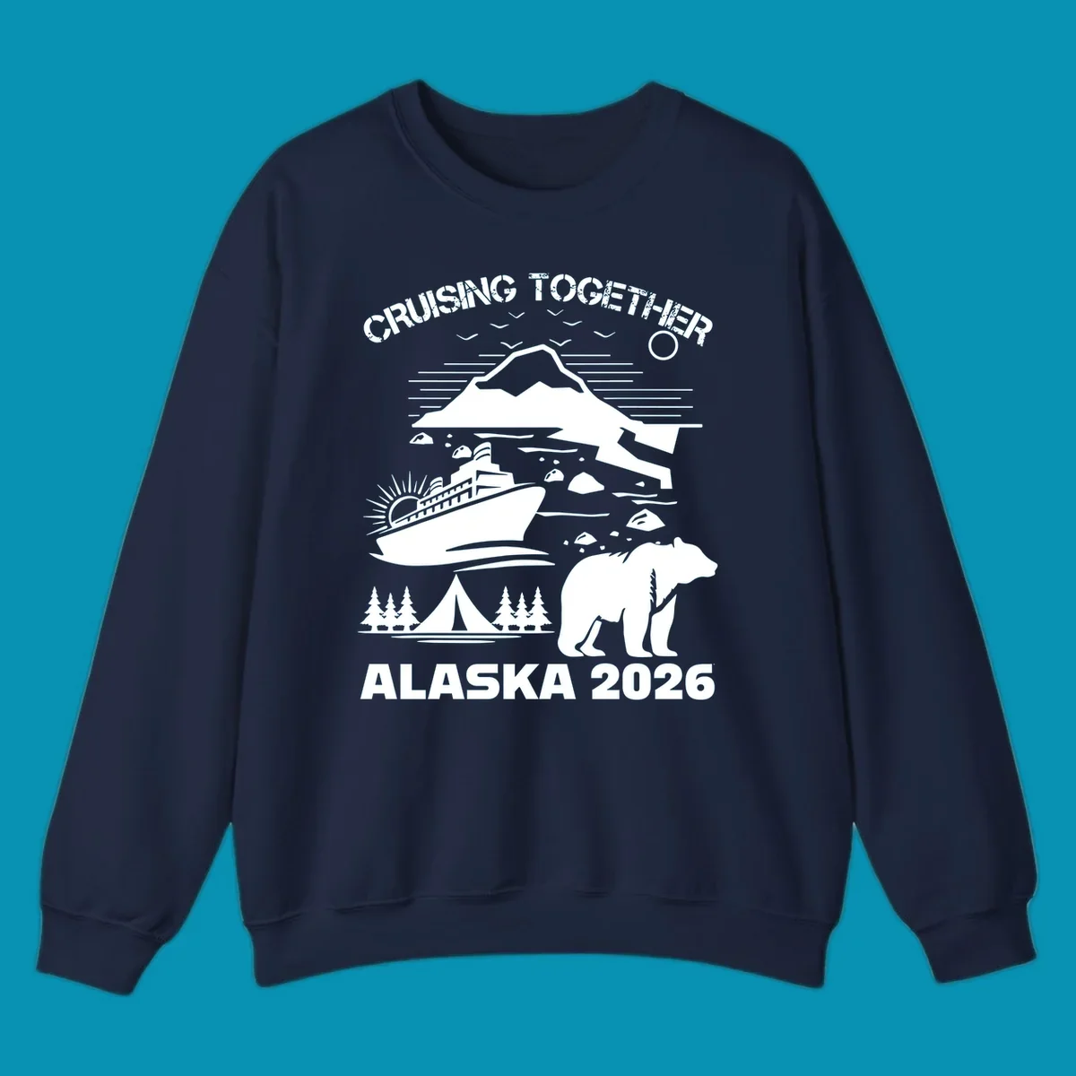 Monochrome illustration of Alaska cruise scene with ship, polar bear, glaciers, icebergs, and camping elements, text reads Cruising Together Alaska 2026