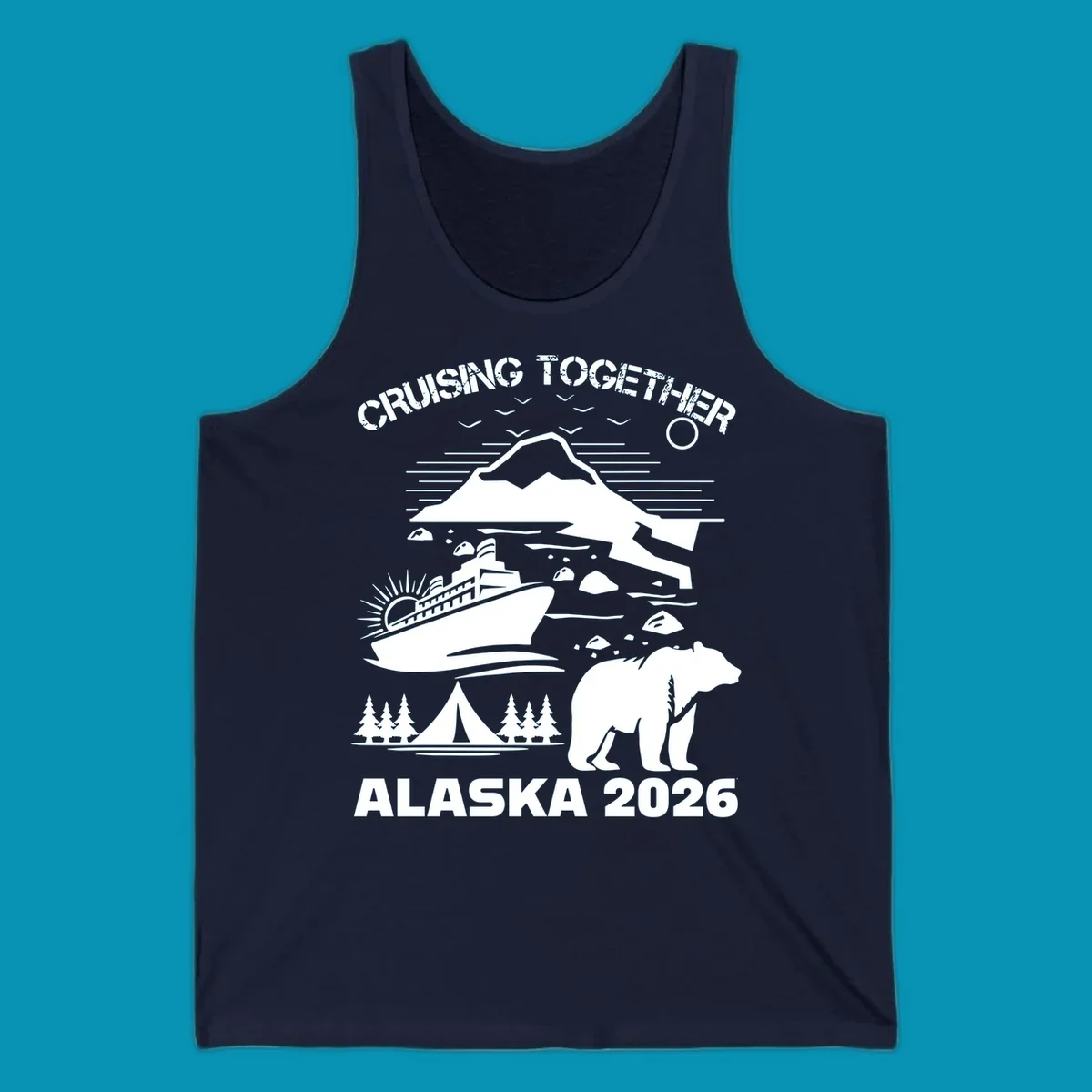 Monochrome illustration of Alaska cruise scene with ship, polar bear, glaciers, icebergs, and camping elements, text reads Cruising Together Alaska 2026