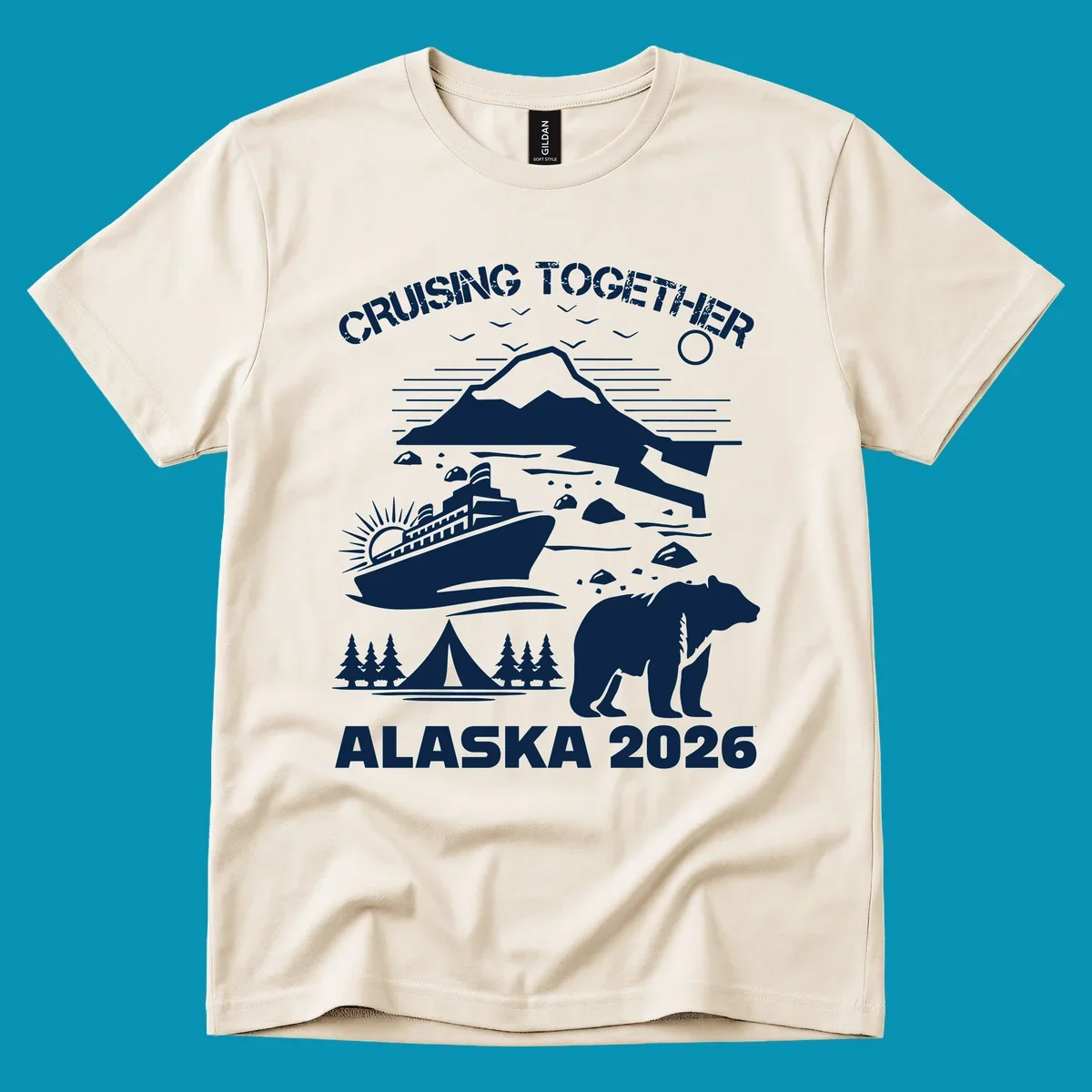 Monochrome illustration of Alaska cruise scene with ship, polar bear, glaciers, icebergs, and camping elements, text reads Cruising Together Alaska 2026