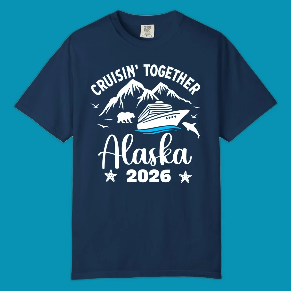 Minimalist design of two flowing blue curved lines representing Alaska ocean waves on white background