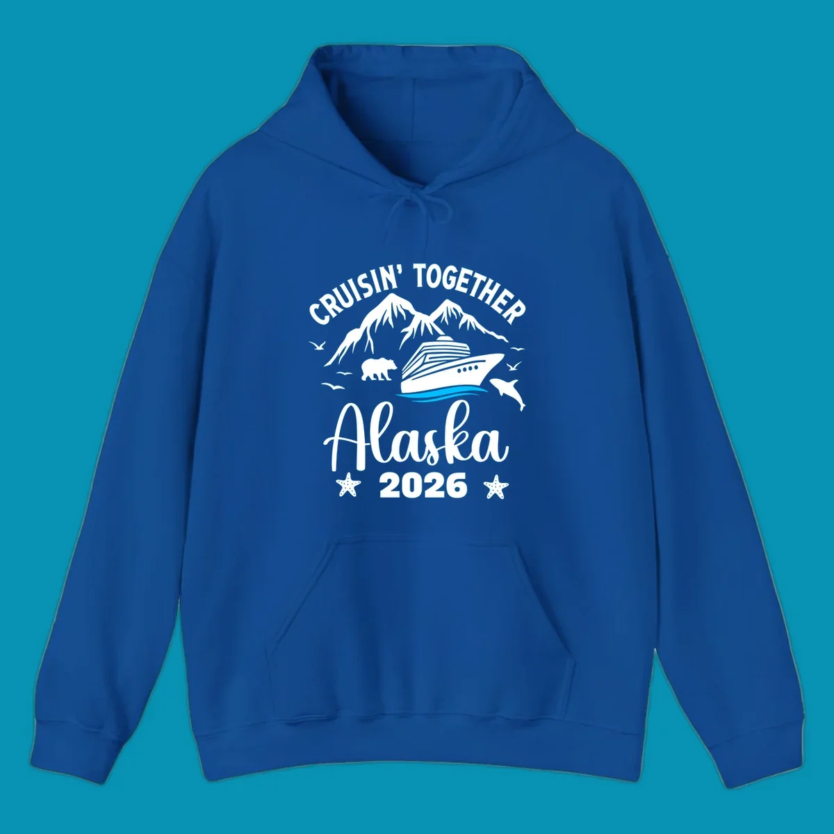 Minimalist design of two flowing blue curved lines representing Alaska ocean waves on white background