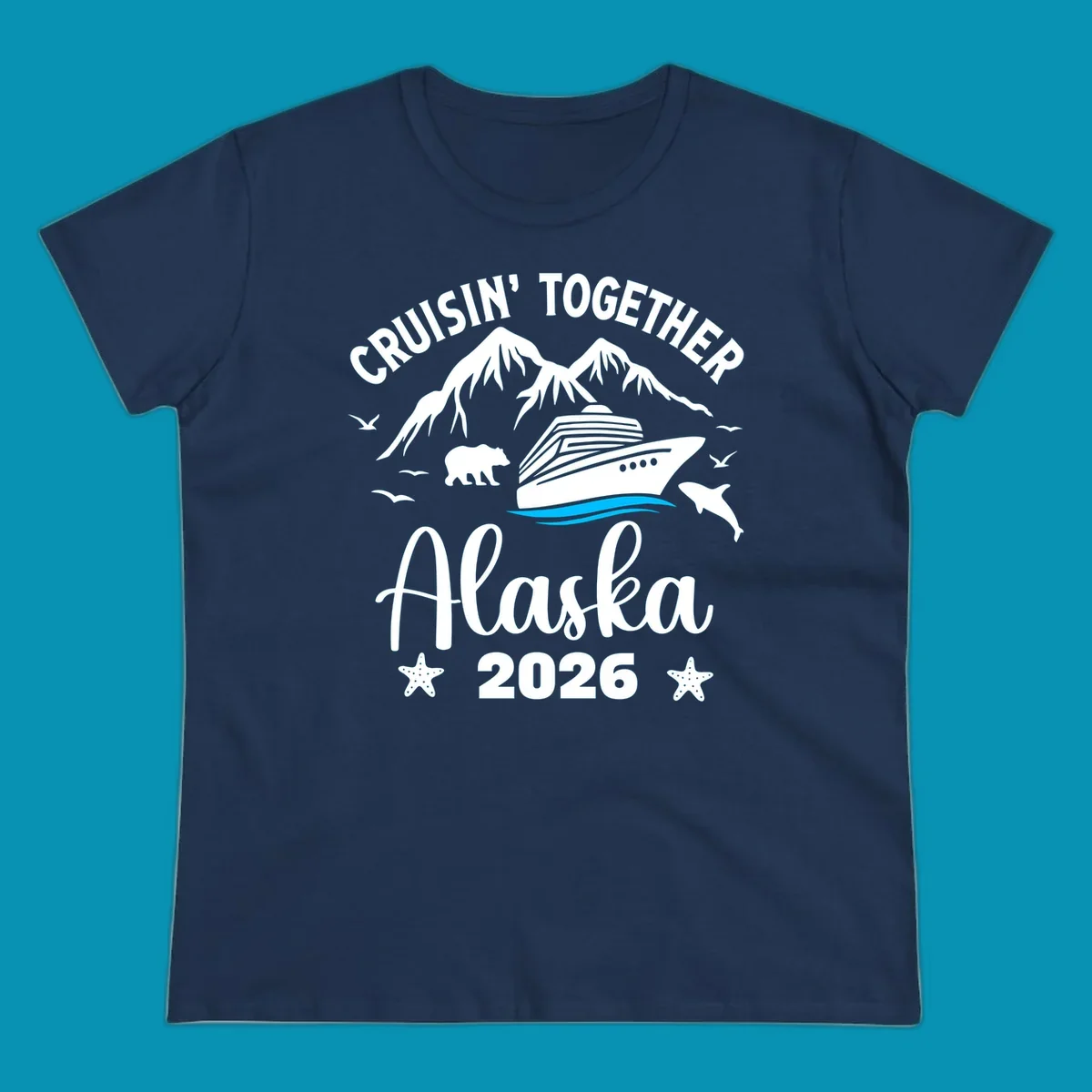 Minimalist design of two flowing blue curved lines representing Alaska ocean waves on white background