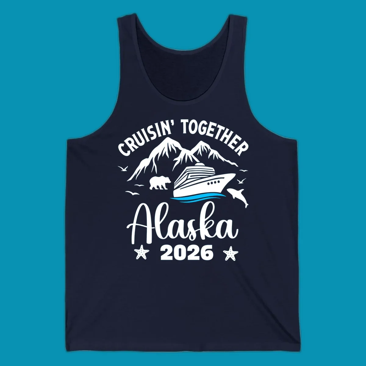 Minimalist design of two flowing blue curved lines representing Alaska ocean waves on white background
