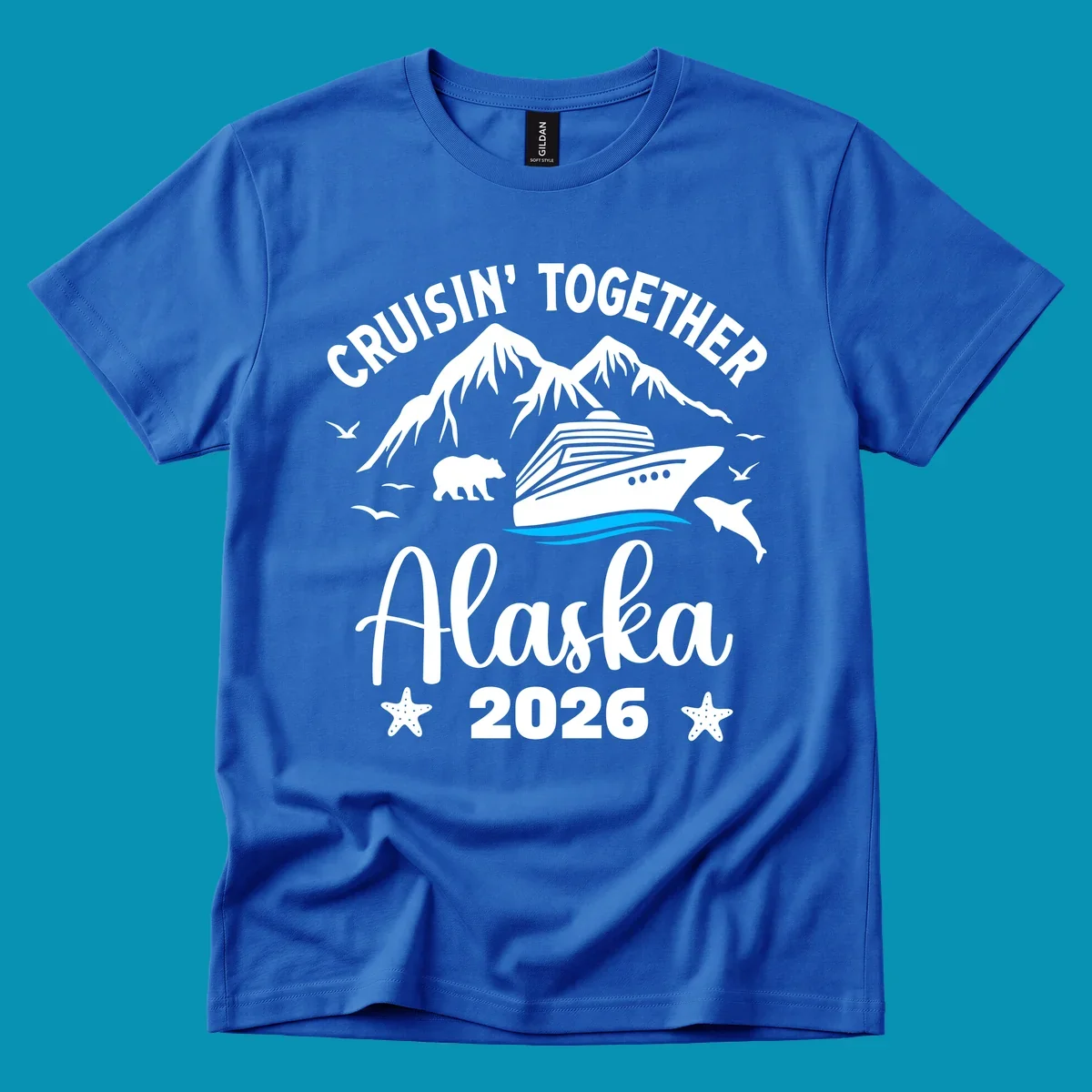 Minimalist design of two flowing blue curved lines representing Alaska ocean waves on white background