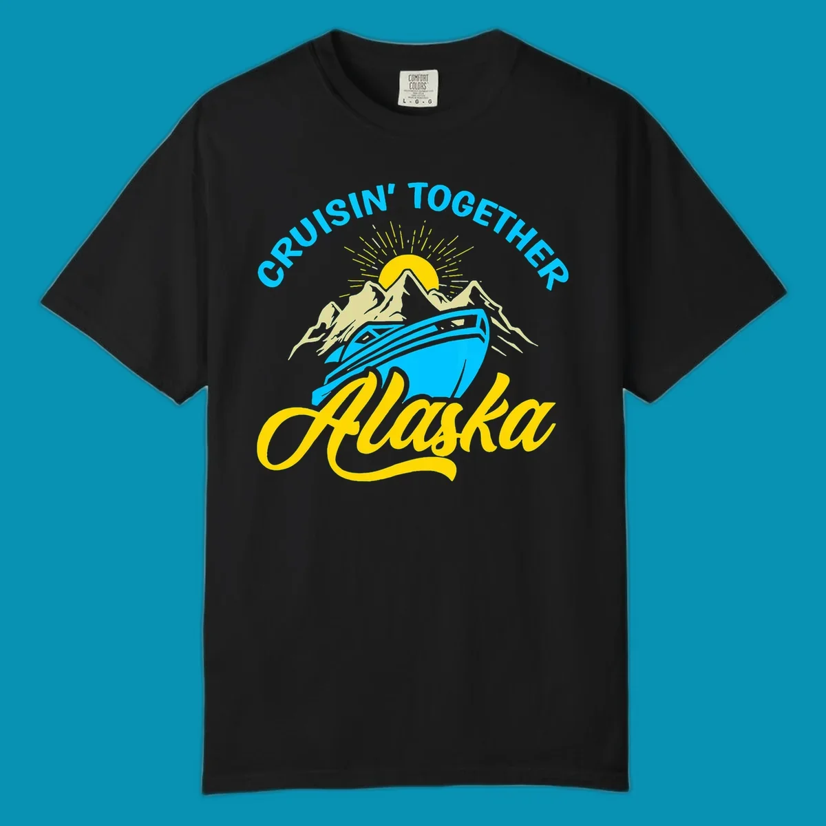 Cruisin together Alaska design with cruise ship sailing toward snow mountains under rising sun with radiating rays