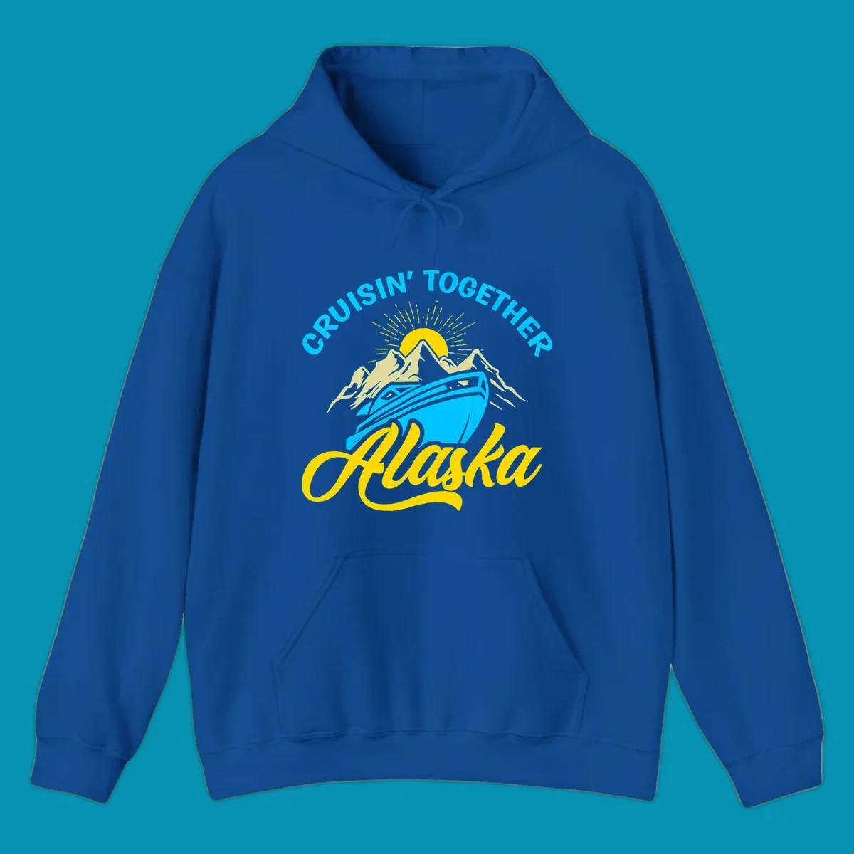 Cruisin together Alaska design with cruise ship sailing toward snow mountains under rising sun with radiating rays