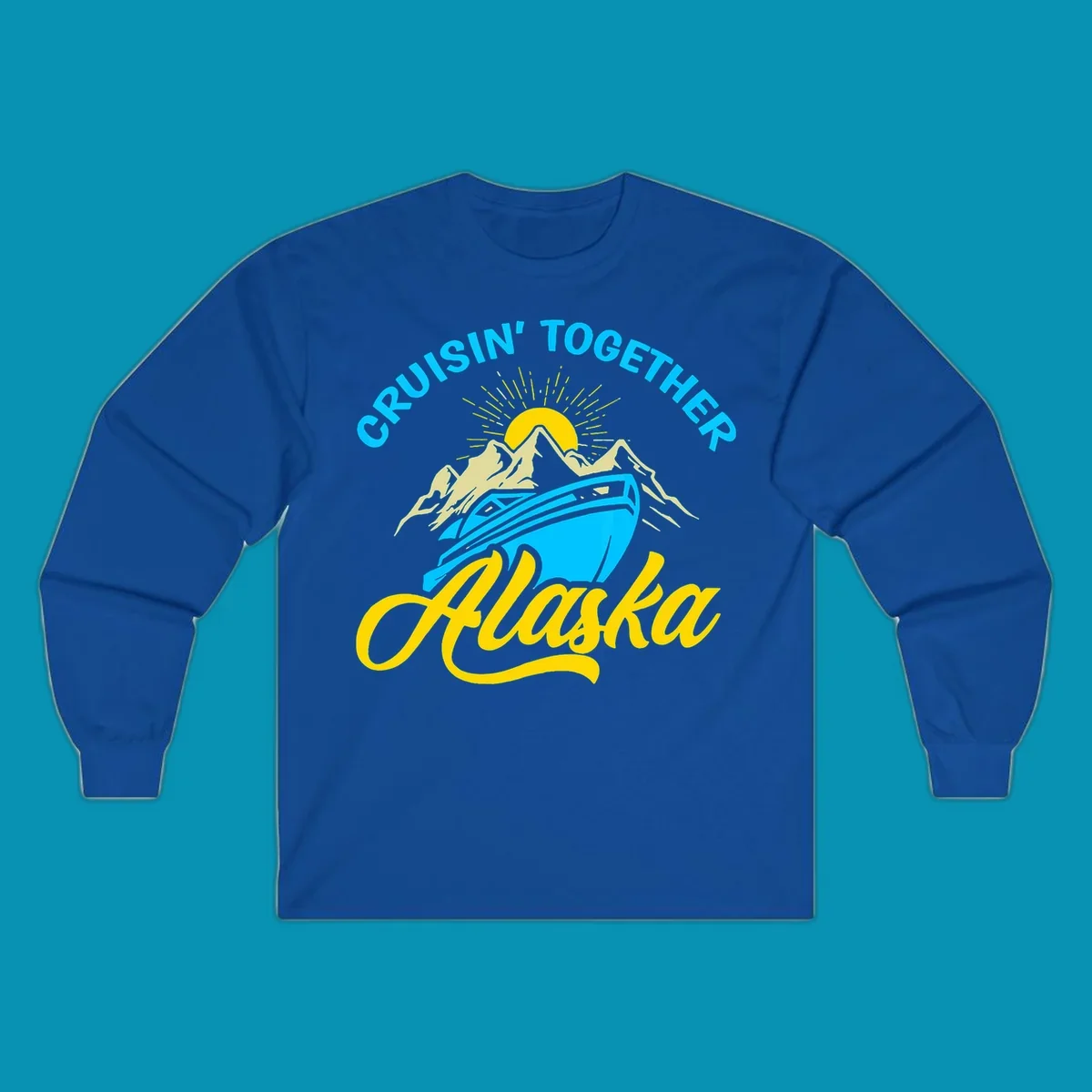 Cruisin together Alaska design with cruise ship sailing toward snow mountains under rising sun with radiating rays