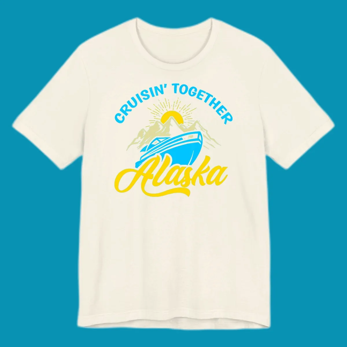 Cruisin together Alaska design with cruise ship sailing toward snow mountains under rising sun with radiating rays
