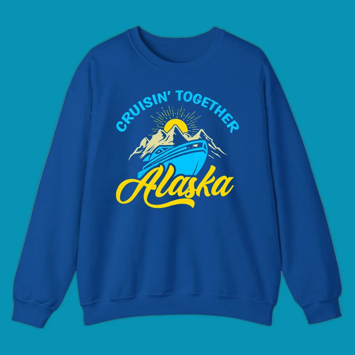 Cruisin together Alaska design with cruise ship sailing toward snow mountains under rising sun with radiating rays