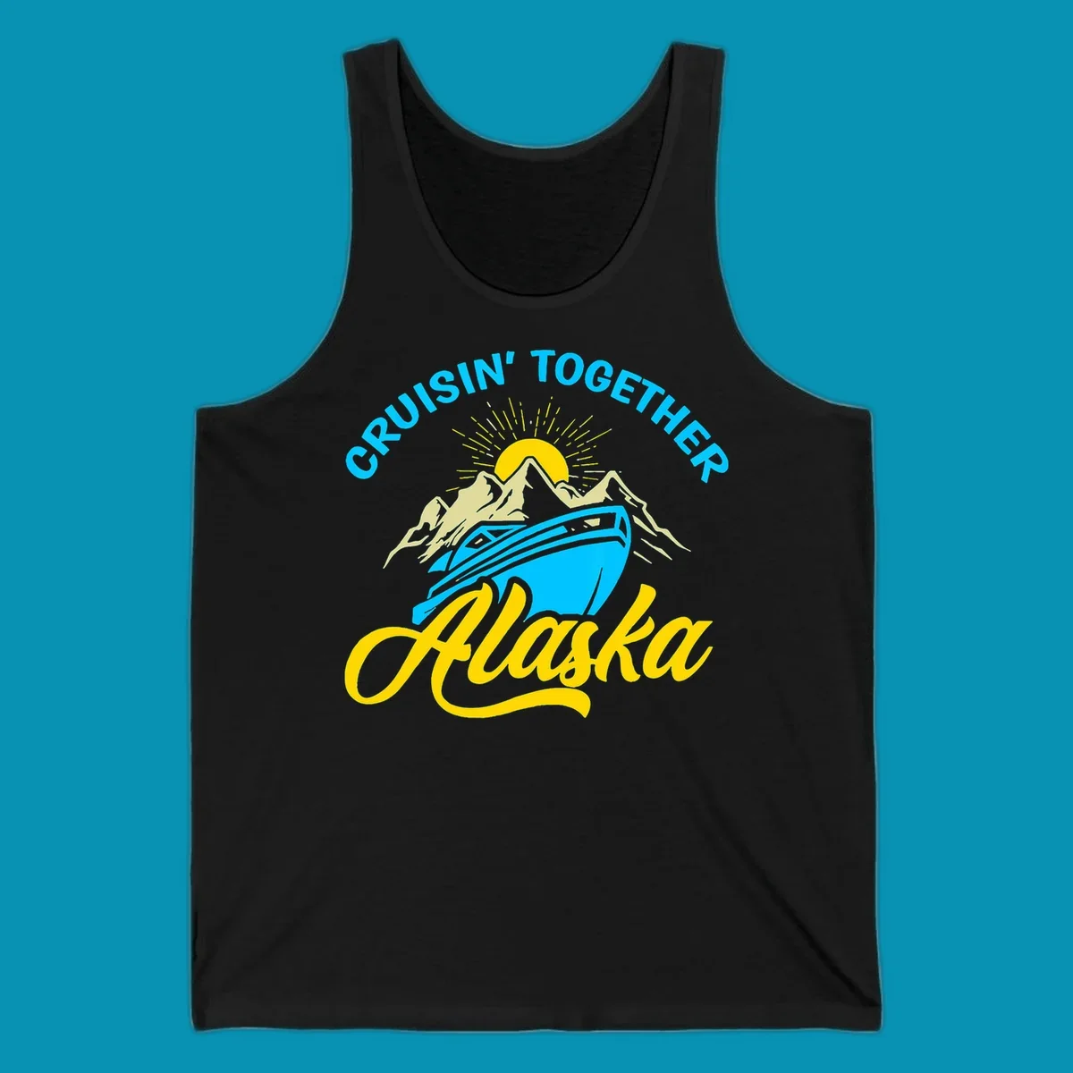 Cruisin together Alaska design with cruise ship sailing toward snow mountains under rising sun with radiating rays
