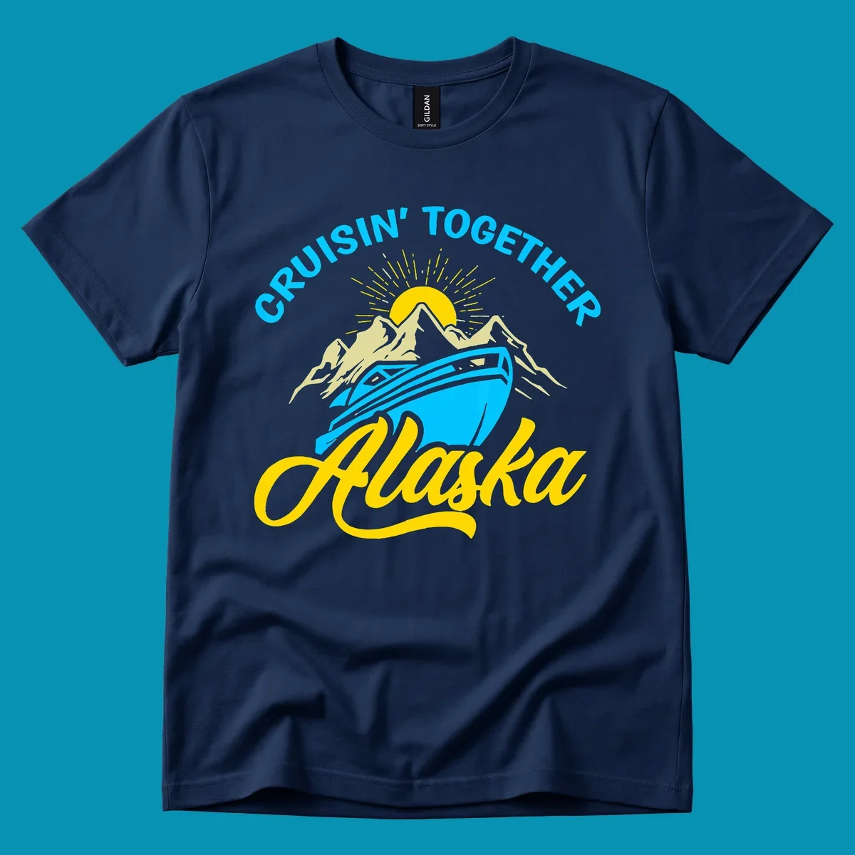 Cruisin together Alaska design with cruise ship sailing toward snow mountains under rising sun with radiating rays