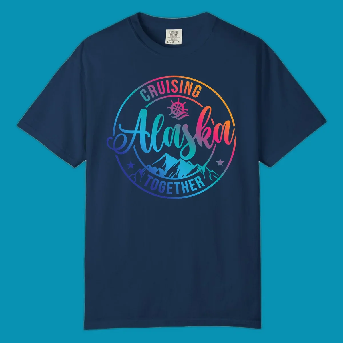 Circular cruise badge with 'Cruising Always Together' script, ship wheel, mountains, and colorful gradient border in blues, purples, and oranges