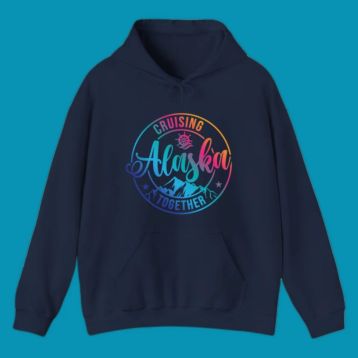 Circular cruise badge with 'Cruising Always Together' script, ship wheel, mountains, and colorful gradient border in blues, purples, and oranges