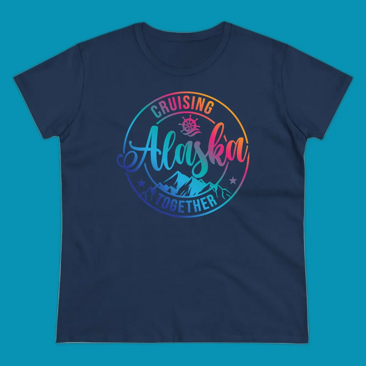 Circular cruise badge with 'Cruising Always Together' script, ship wheel, mountains, and colorful gradient border in blues, purples, and oranges