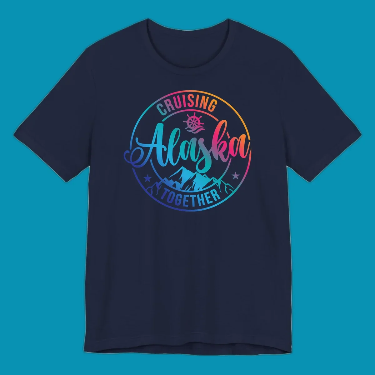 Circular cruise badge with 'Cruising Always Together' script, ship wheel, mountains, and colorful gradient border in blues, purples, and oranges