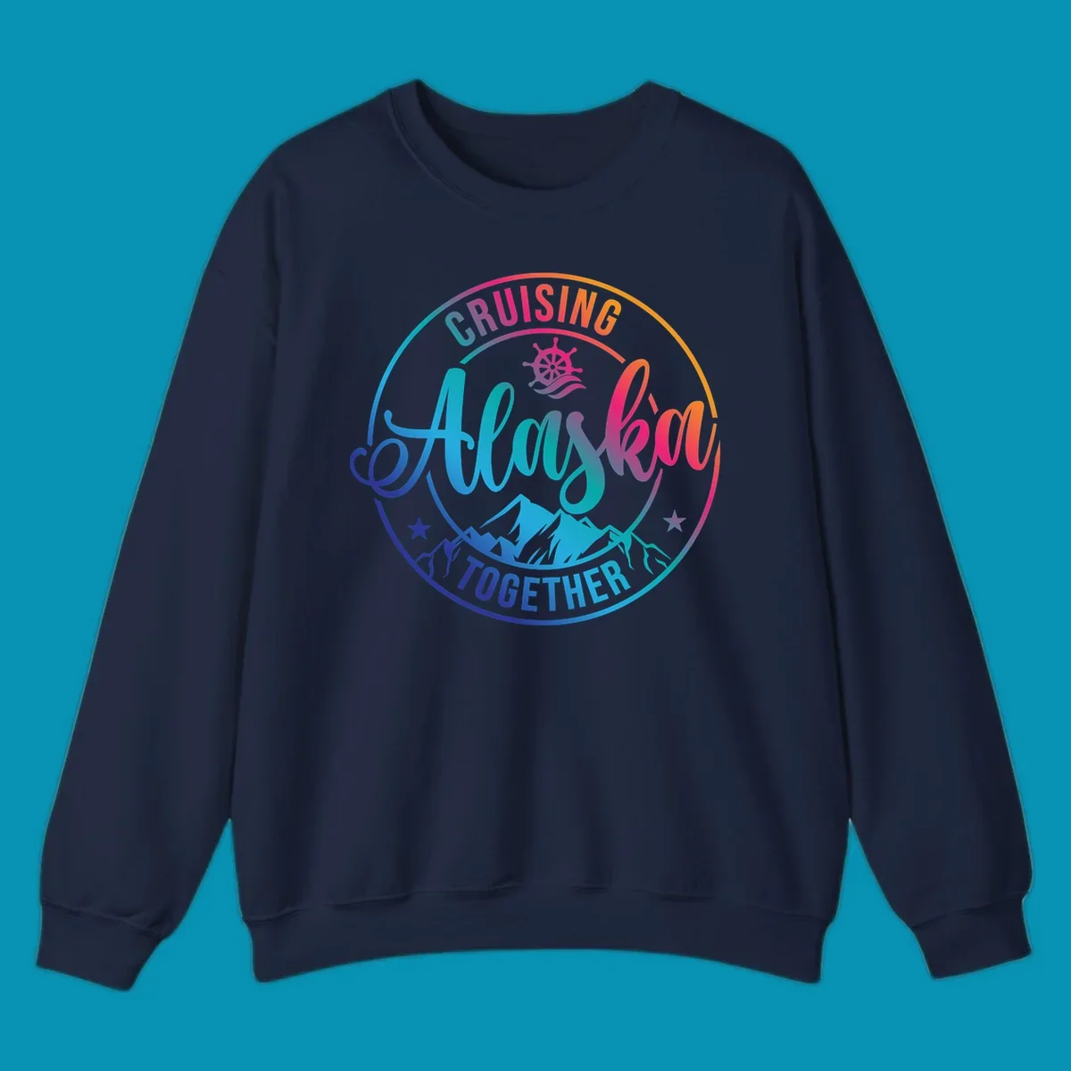 Circular cruise badge with 'Cruising Always Together' script, ship wheel, mountains, and colorful gradient border in blues, purples, and oranges