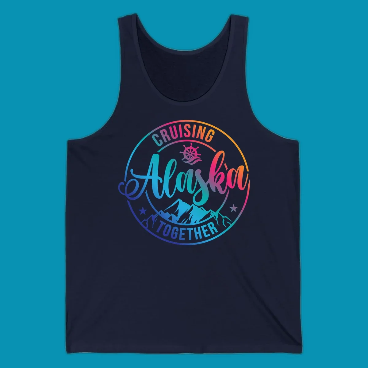 Circular cruise badge with 'Cruising Always Together' script, ship wheel, mountains, and colorful gradient border in blues, purples, and oranges