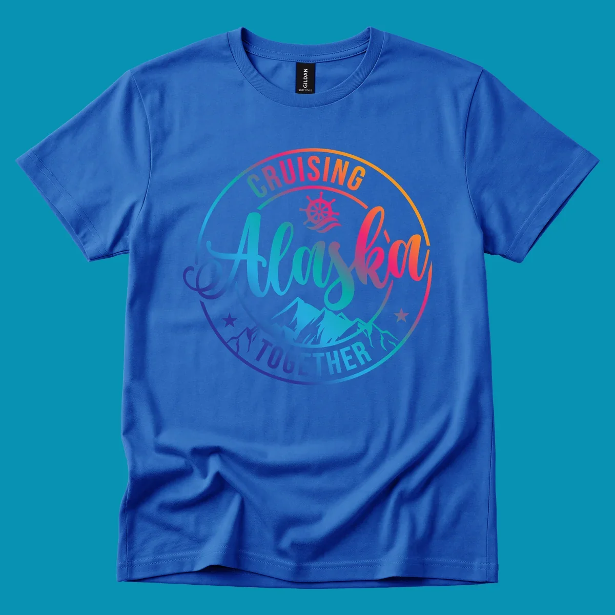 Circular cruise badge with 'Cruising Always Together' script, ship wheel, mountains, and colorful gradient border in blues, purples, and oranges
