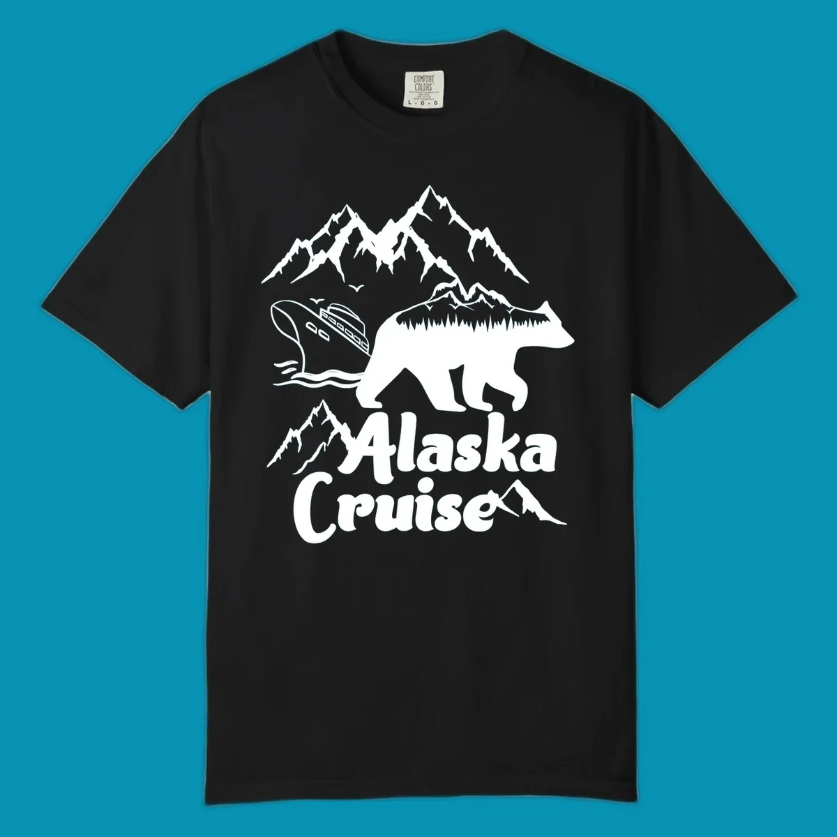 White silhouette of polar bear filled with Alaskan mountains, forest, cabin, and ship against gray background with snowy peaks and 'Alaska Cruise' text