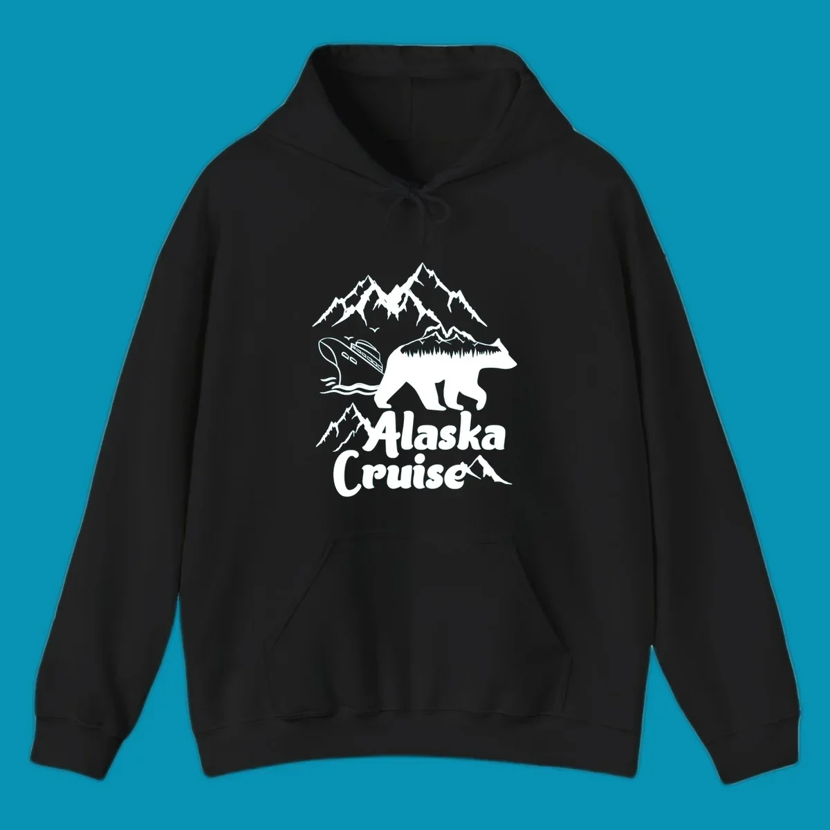 White silhouette of polar bear filled with Alaskan mountains, forest, cabin, and ship against gray background with snowy peaks and 'Alaska Cruise' text