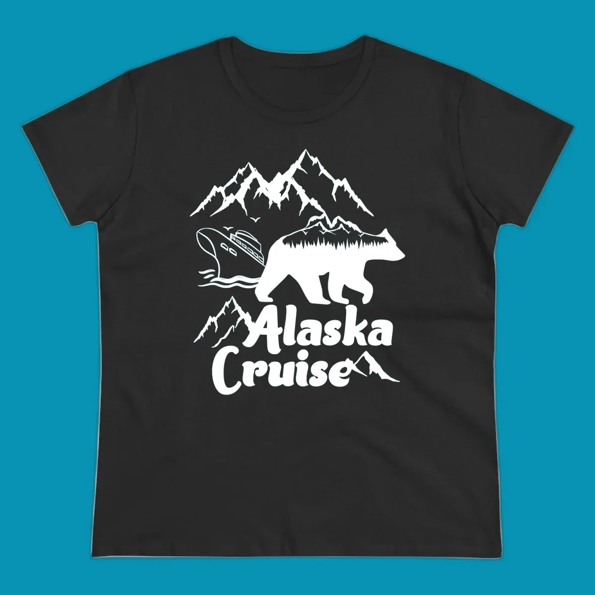 White silhouette of polar bear filled with Alaskan mountains, forest, cabin, and ship against gray background with snowy peaks and 'Alaska Cruise' text