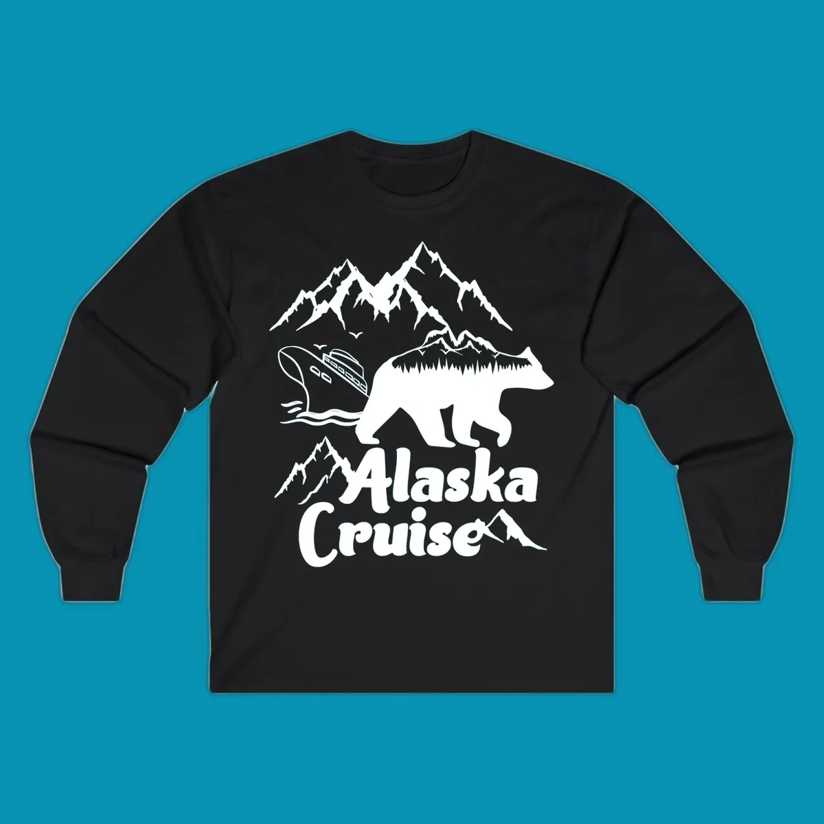 White silhouette of polar bear filled with Alaskan mountains, forest, cabin, and ship against gray background with snowy peaks and 'Alaska Cruise' text