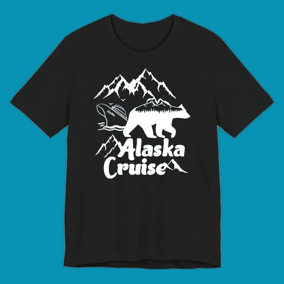 White silhouette of polar bear filled with Alaskan mountains, forest, cabin, and ship against gray background with snowy peaks and 'Alaska Cruise' text