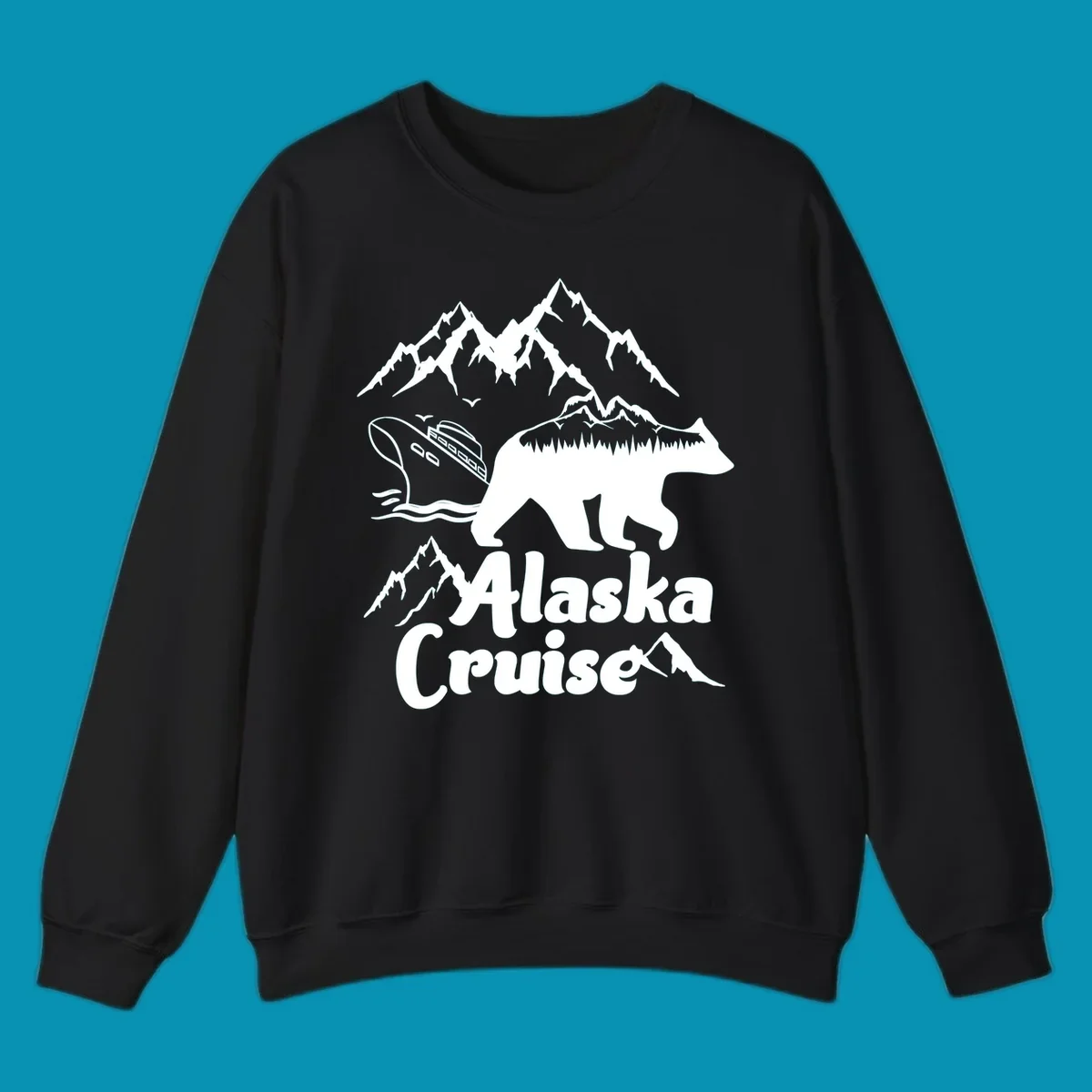 White silhouette of polar bear filled with Alaskan mountains, forest, cabin, and ship against gray background with snowy peaks and 'Alaska Cruise' text