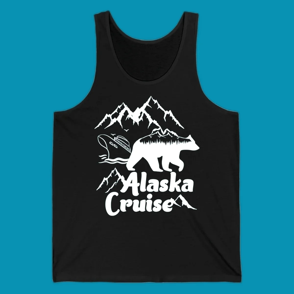 White silhouette of polar bear filled with Alaskan mountains, forest, cabin, and ship against gray background with snowy peaks and 'Alaska Cruise' text