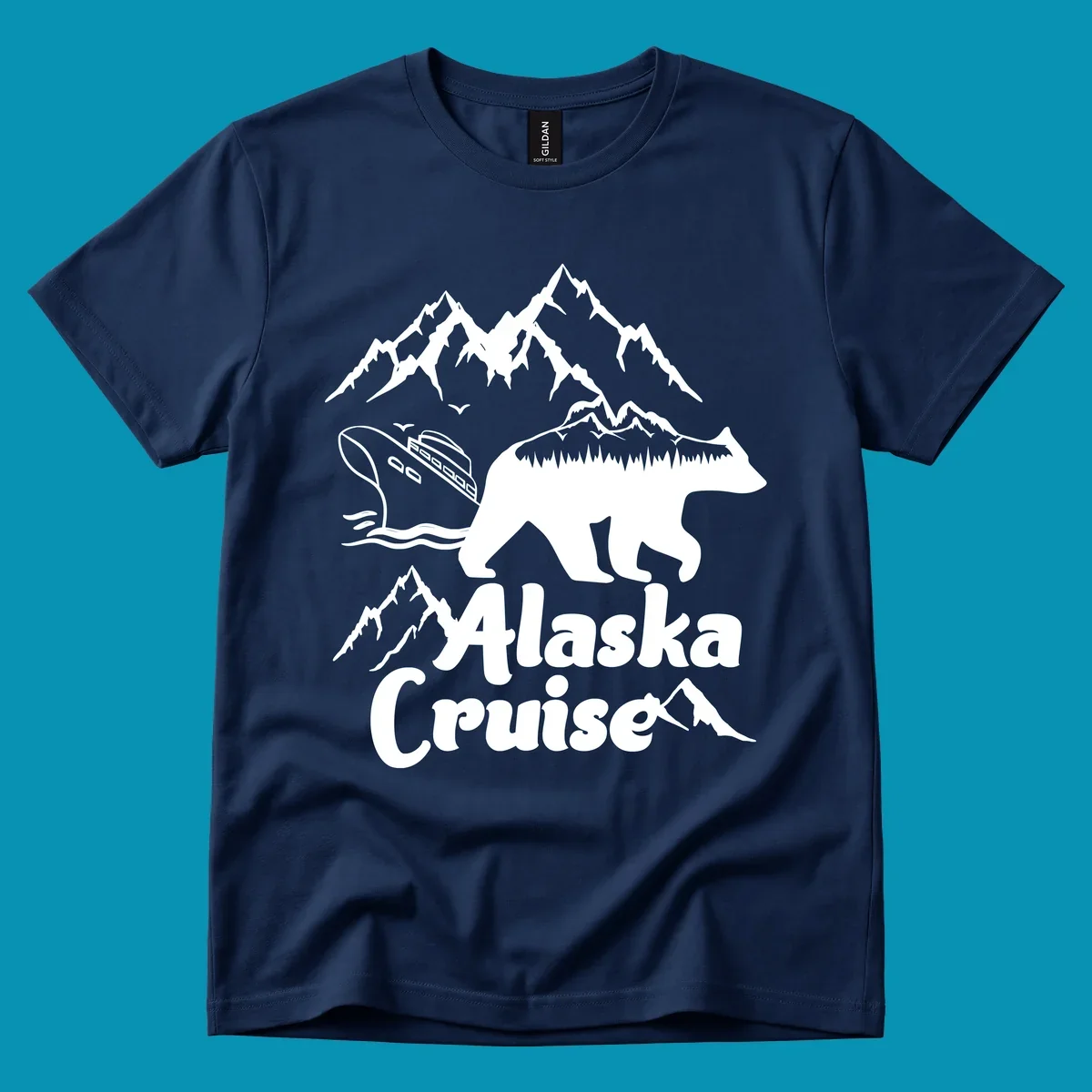 White silhouette of polar bear filled with Alaskan mountains, forest, cabin, and ship against gray background with snowy peaks and 'Alaska Cruise' text