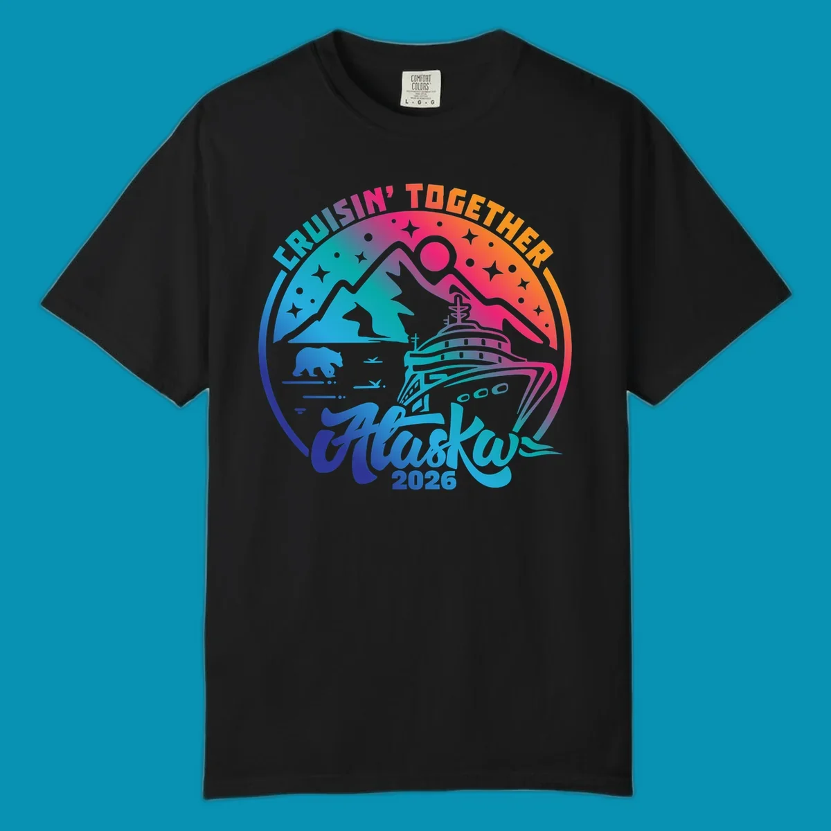 Colorful circular badge design with cruise ship, snow mountains, bear, and stars for Cruisin Together Alaska 2026 group cruise shirts