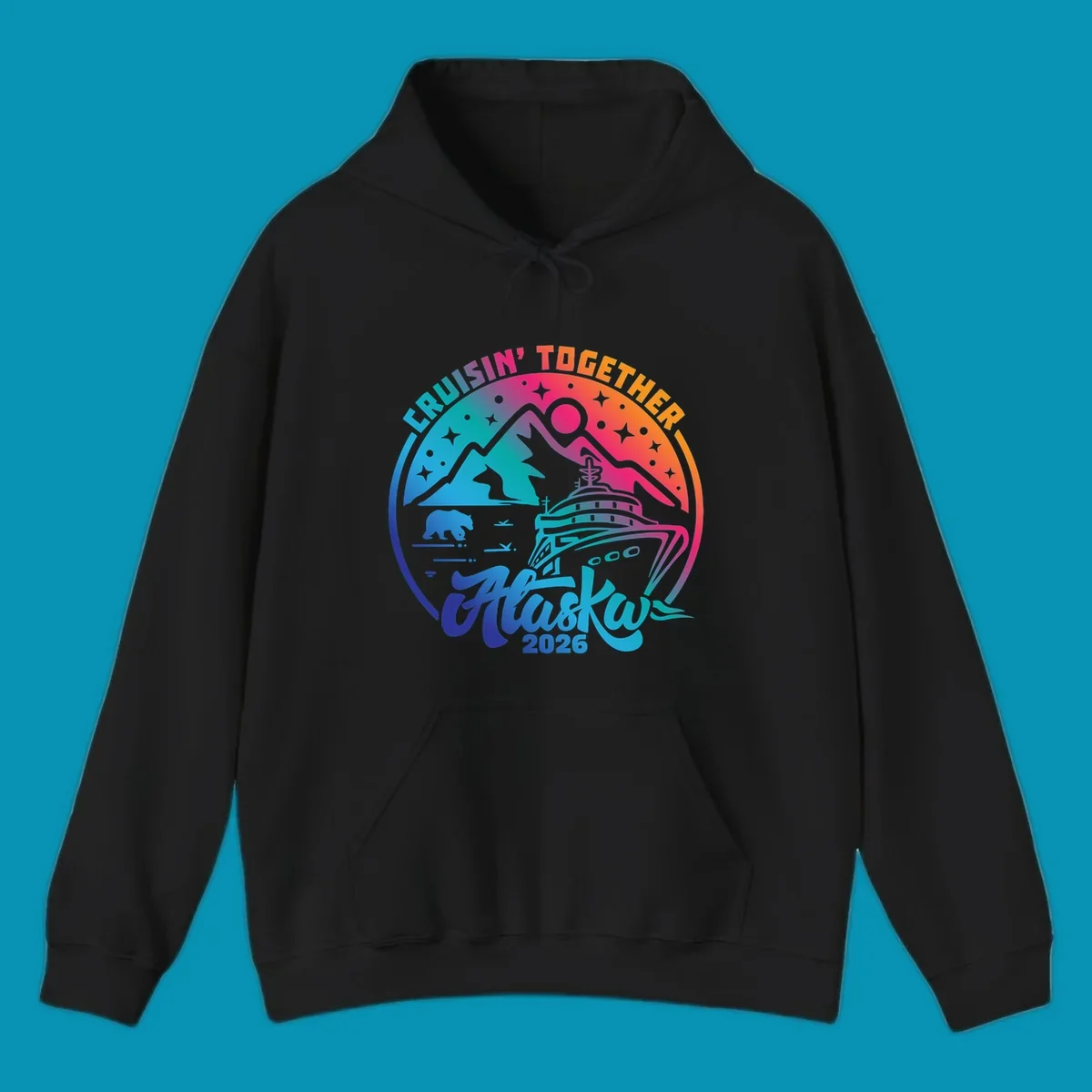 Colorful circular badge design with cruise ship, snow mountains, bear, and stars for Cruisin Together Alaska 2026 group cruise shirts