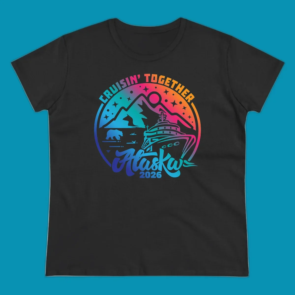 Colorful circular badge design with cruise ship, snow mountains, bear, and stars for Cruisin Together Alaska 2026 group cruise shirts