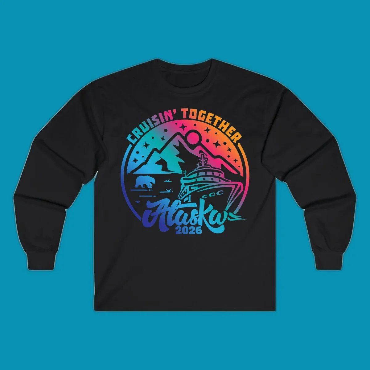 Colorful circular badge design with cruise ship, snow mountains, bear, and stars for Cruisin Together Alaska 2026 group cruise shirts