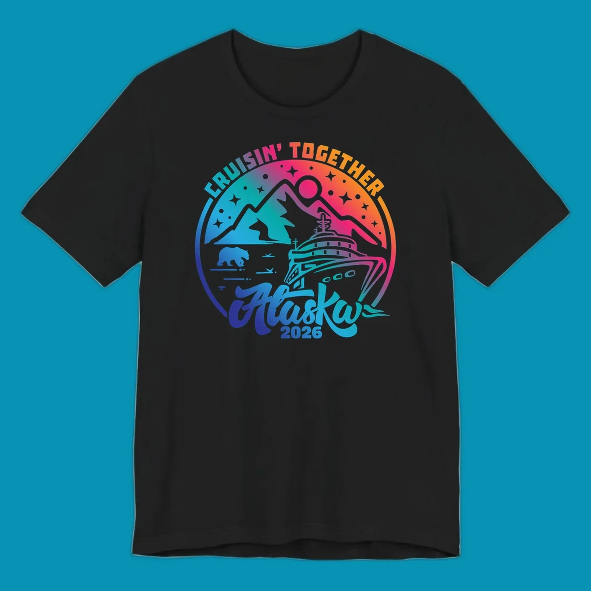 Colorful circular badge design with cruise ship, snow mountains, bear, and stars for Cruisin Together Alaska 2026 group cruise shirts